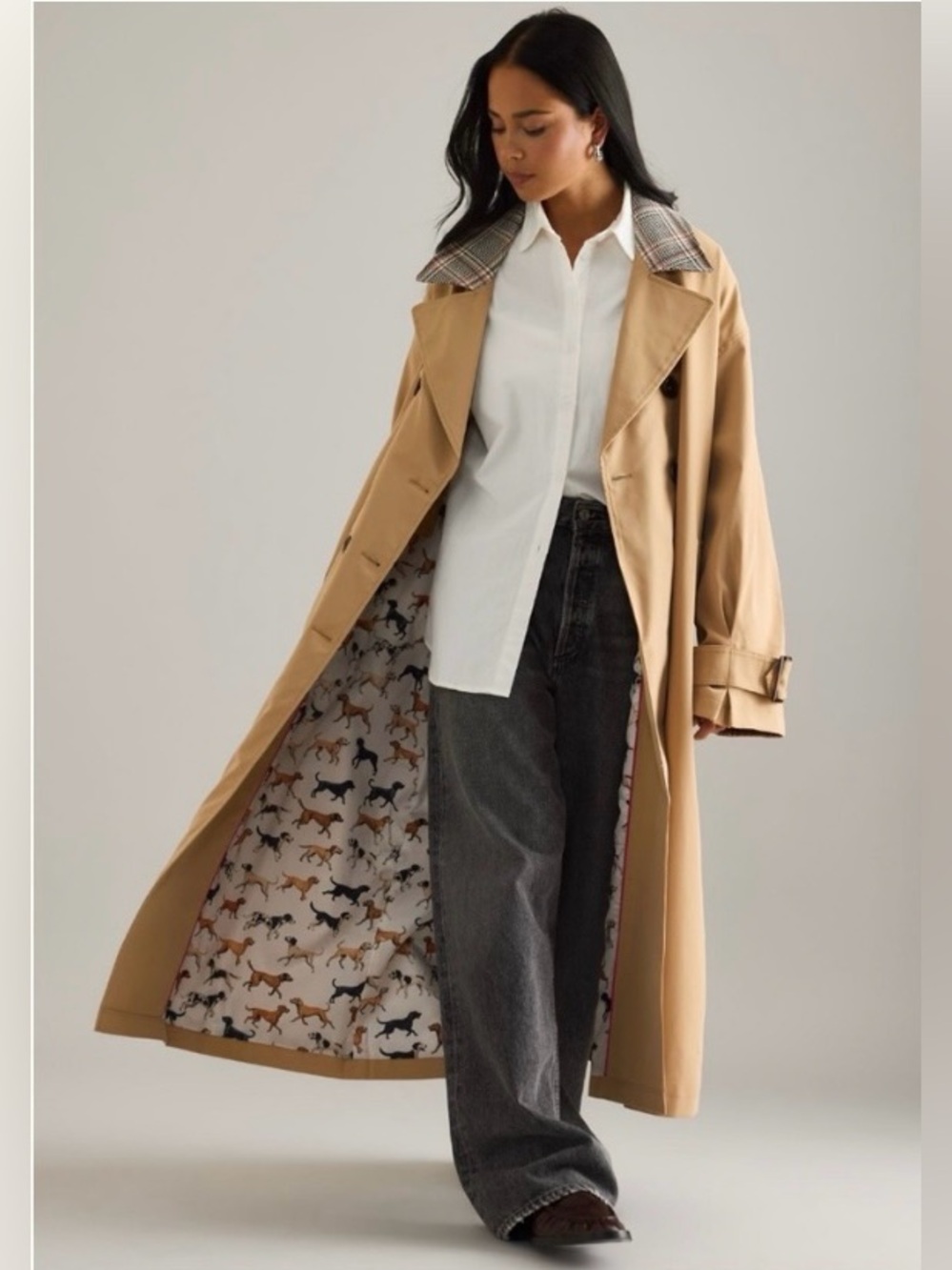 NWOT MAEVE ANTHROPOLOGIE Double-Breasted Trench Coat in Tan w/ Plaid Collar, XS